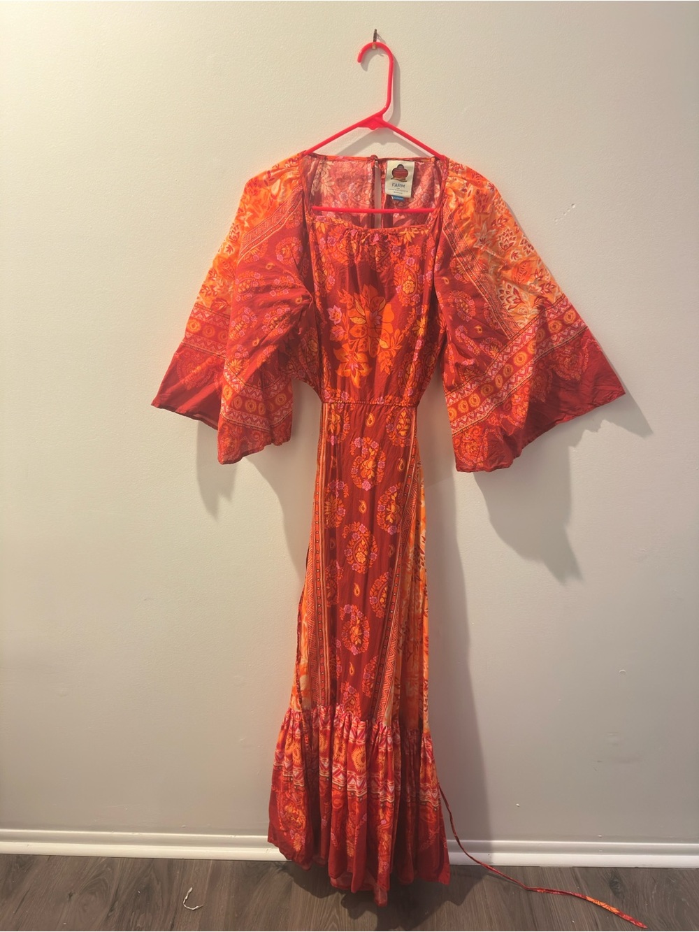FARM Rio Orange Red Paisley Asymmetrical Maxi Dress